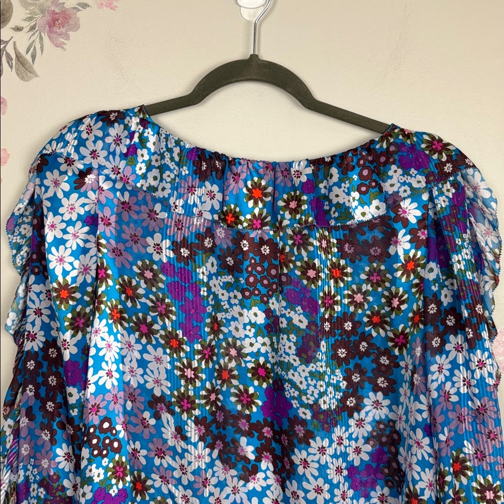 Kate Spade NY Floral Ruffle Blue and Purple 100% Silk Women's Top - M - Picture 4 of 9